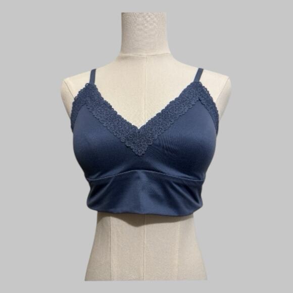 Aerie Y2K Brawlette Cami Bra Coquette Romantic Floral Lace Trim Midnight Blue M - Picture 1 of 8